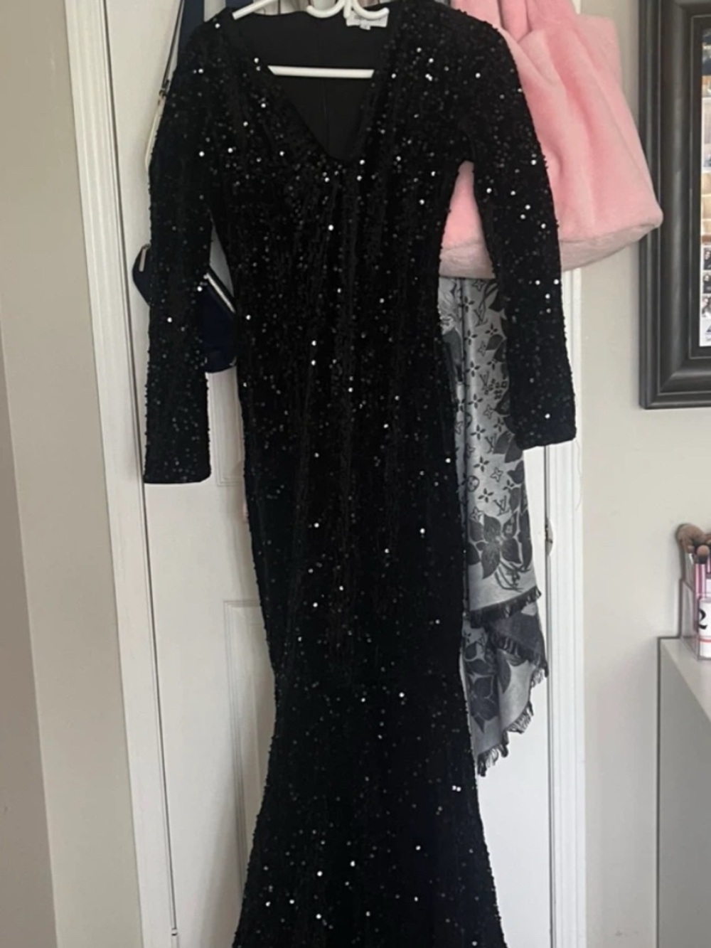 Black Sequin Long Sleeve Evening Gown